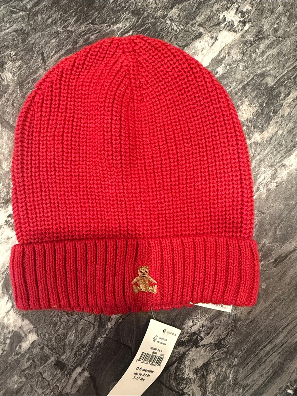 GAP Kids Red Knit Beanie with Gold Bear Detail